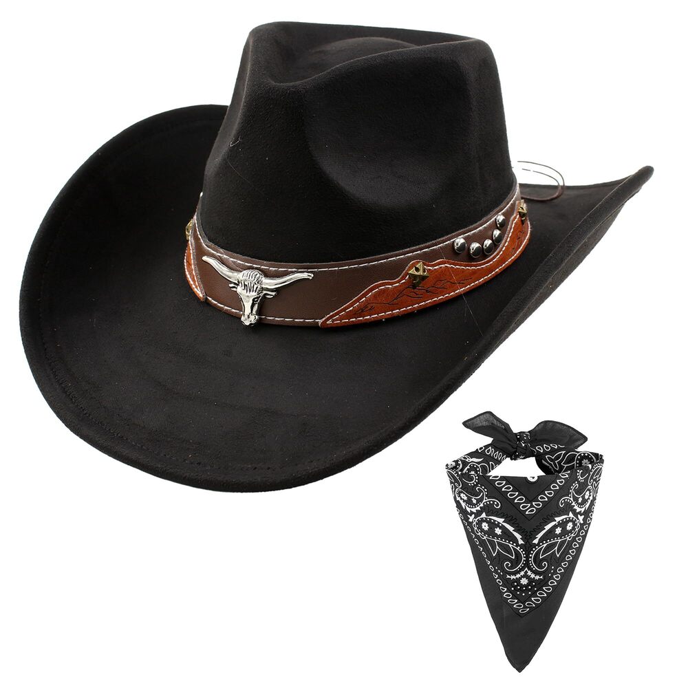 2439 Cowboy Hat For Women Men With Wide Brim Western Set With Black Bandana